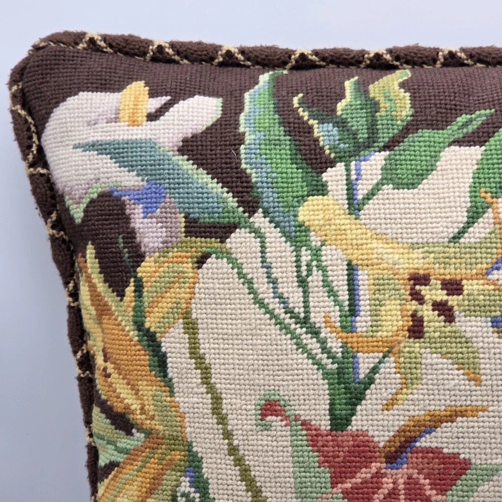 Vintage Needlepoint Brown Lilly Floral Throw Pillow Grandmacore Cottagecore